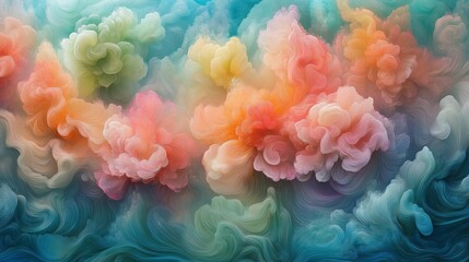 Colorful painting of a cloud filled with flowers. The painting is vibrant and full of life, with each flower having a unique color. The overall mood of the painting is joyful and uplifting