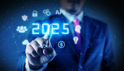 technology 2025 with mobile phone. Isolated on dark background. concept vision technology year 2025.
