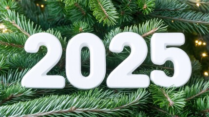 White 2025 numbers surrounded by lush pine branches