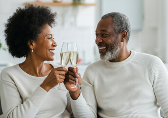 Happy senior couple toasting with champagne glasses in bright modern kitchen