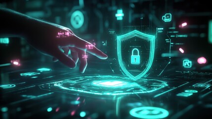 Hand interacting with a holographic cybersecurity interface displaying a shield and lock symbol, representing data protection and digital security.