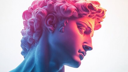 Modern artistic profile portrait of a classical sculpture illuminated with vibrant blue and pink gradient lighting, creating a contemporary aesthetic interpretation of ancient art