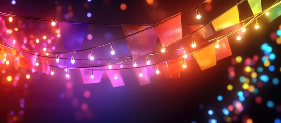 Colorful festive string lights combined with vibrant banners creating a joyful atmosphere for celebrations
