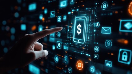 Fototapeta premium Close-up of a hand interacting with a digital interface, focusing on a dollar icon among other financial and security symbols, representing online payments and fintech.