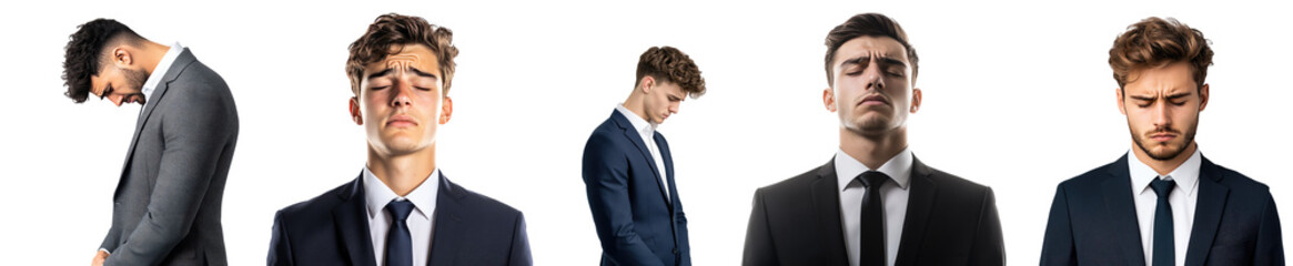 Portrait of a sad young man in a business suit, sadness,  set isolated Png, transparent without background.