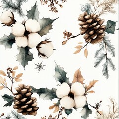 Fototapeta premium Christmas Floral Watercolor Pattern with Cotton Flowers and Berries for Holiday Greeting Cards and Textile Designs