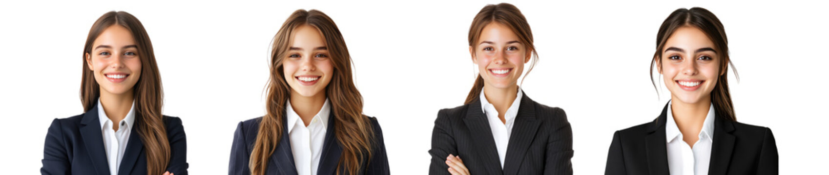 Portrait of a smiling young woman in a business suit set isolated Png, transparent without background.