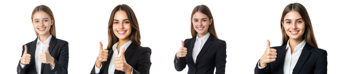 Portrait of a smiling young woman in a business suit gives a thumbs up set isolated Png, transparent without background.
