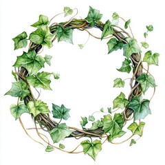 Naklejka premium Enchanted Ivy Frame. Hand Illustrated Watercolor Ivy Branch with Leaves Wreath on Isolated White Background