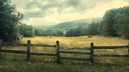 Fototapeta premium A serene landscape featuring a lush green field, wooden fence, and distant hills under a cloudy sky, capturing the beauty of nature.