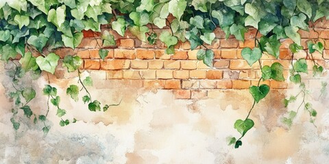 Hand Drawn Watercolor Ivy Branch on Brick Wall Background. Decorative Save the Date Greeting Card with Green Leaves