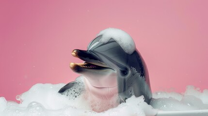 a cute dolphin sits in a bathtub with plenty of foam on his head, isolated background