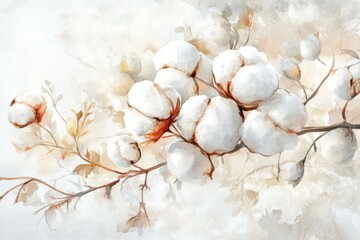 Handcrafted Cotton Blossom Illustration. Watercolor Painting of Fluffy Plant Flower on Pure White Background