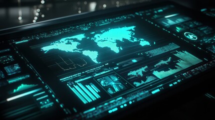 Close-up of a digital screen displaying a world map and various data graphs. High-tech interface showcasing global data analysis.