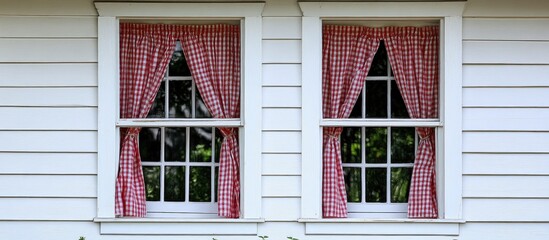 Fototapeta premium Charming pair of white windows adorned with red checkered curtains enhancing home decor elegance