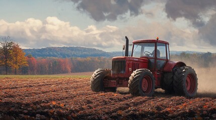Obraz premium A vibrant red tractor plows through a dust-covered field surrounded by vivid autumn foliage and dramatic skies.