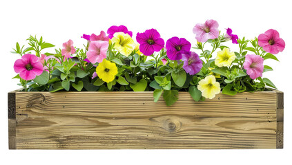 Wooden planter box filled with various green plants isolated on a transparent background.