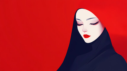 Mysterious character against bold red background. Mystique. Illustration