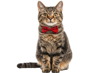 Fototapeta premium Adorable tabby cat with a red bow tie, sitting on a transparent background.