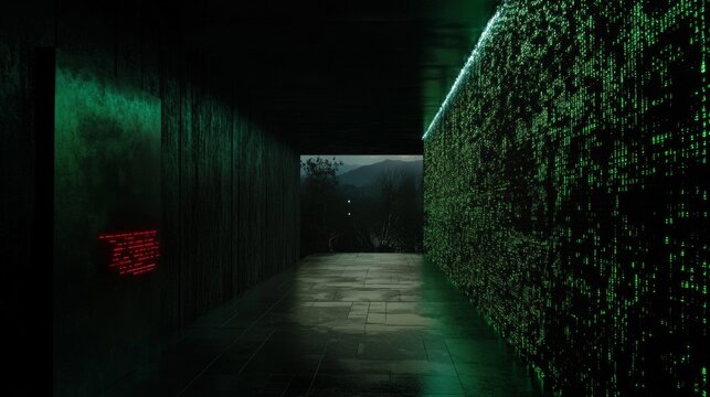 Dark Futuristic Hallway with Green Digital Code Display and Red Text Projection