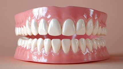 Obraz premium A realistic model of human teeth showcasing a perfect smile, highlighting dental health and aesthetics against a soft pink background.