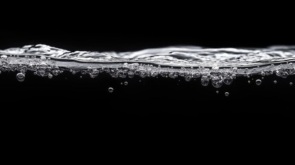Black and white photo of water with bubbles. The bubbles are scattered throughout the water, creating a sense of movement and energy. The photo is simple and minimalistic