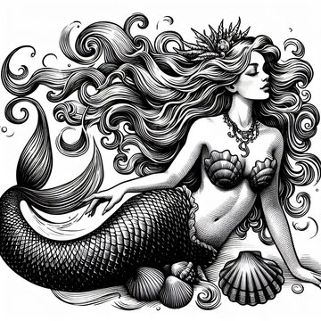 sirena, con cabello suelto y top de concha, exudando encanto de fantas&iacute;a retro cl&aacute;sico grabado en boceto personaje ficticio 