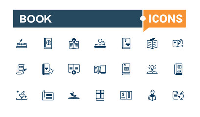 Book thin line icon set. Includes icons for book, pen, vector, open, icon, education and more. Simple web icons. Vector icons editable stroke.
