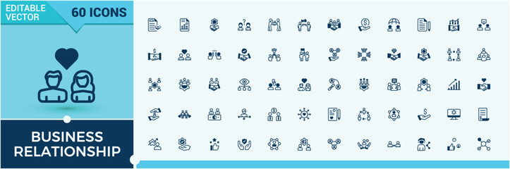 Business Relationship icon set. Includes icons for business, help, collaboration, service, company and more. Minimalistic web and UI icons. Vector illustration in modern line style.