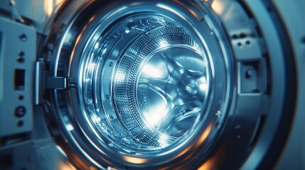 A close-up view of the interior of a washing machine drum, showcasing its shiny surface and intricate design, emphasizing modern appliance technology.