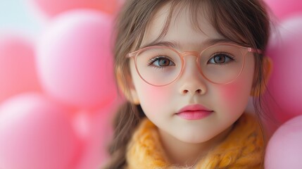 Fototapeta premium Young girl wearing glasses and a yellow scarf is surrounded by pink balloons. Concept of playfulness and innocence, as the girl is posed in a whimsical and fun manner