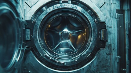 A close-up view of a washing machine drum, showcasing its metallic interior and intricate design.