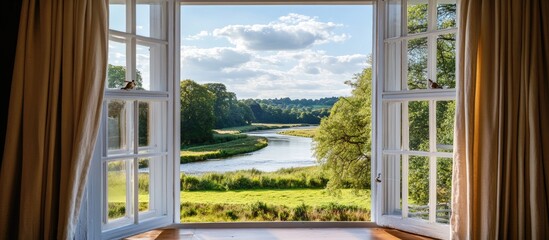 Fototapeta premium Charming window view of a house offering a picturesque outlook over a tranquil river and lush countryside