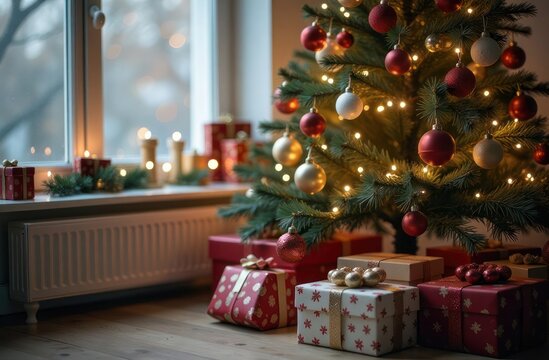 Cozy Christmas Tree with Glowing Lights and Beautifully Wrapped Presents