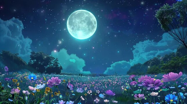 Beautiful flower field under the glowing light of a full moon at night  
Seamless looping 4k time-lapse virtual video animation Generated AI