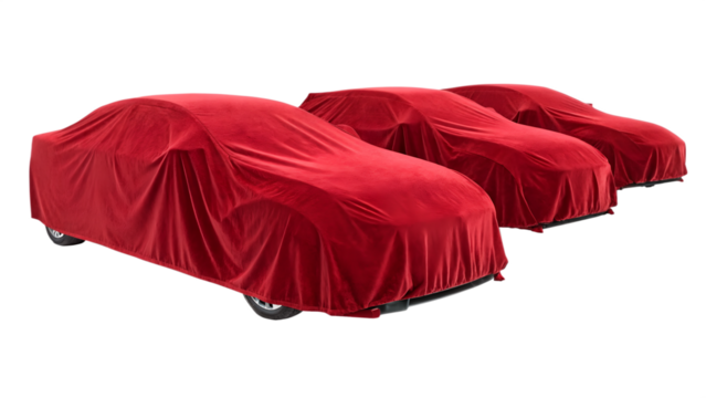 Set of red fabrics draping over cars, cut out