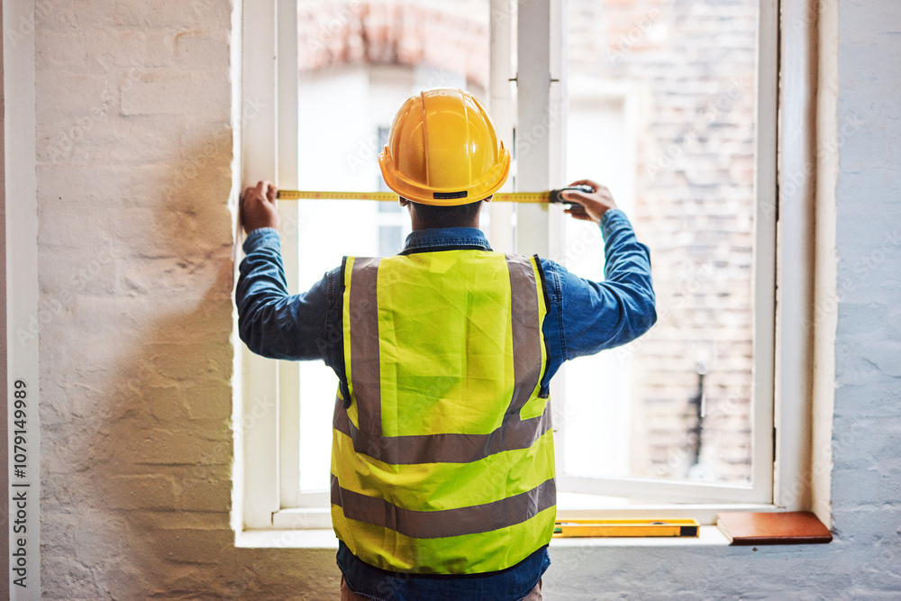 Aufkleber engineer, man and measuring tape on window for construction, renovation and maintenance with back vi