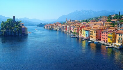 Obraz premium A picturesque view of colorful buildings lining the waterfront of a tranquil lake, with a small island in the foreground and mountains in the distance.