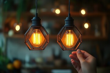 A hand reaches towards a warm, glowing lightbulb in a geometric cage, creating a cozy and inviting atmosphere.