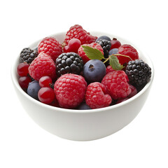 A vibrant bowl of mixed berries including raspberries, blueberries, and blackberries. Isolated on transparent white background, png