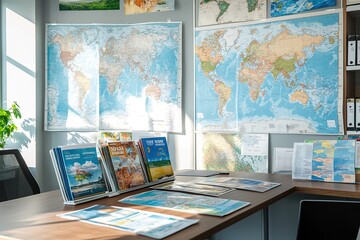 Sunny travel agency office with world maps and brochures
