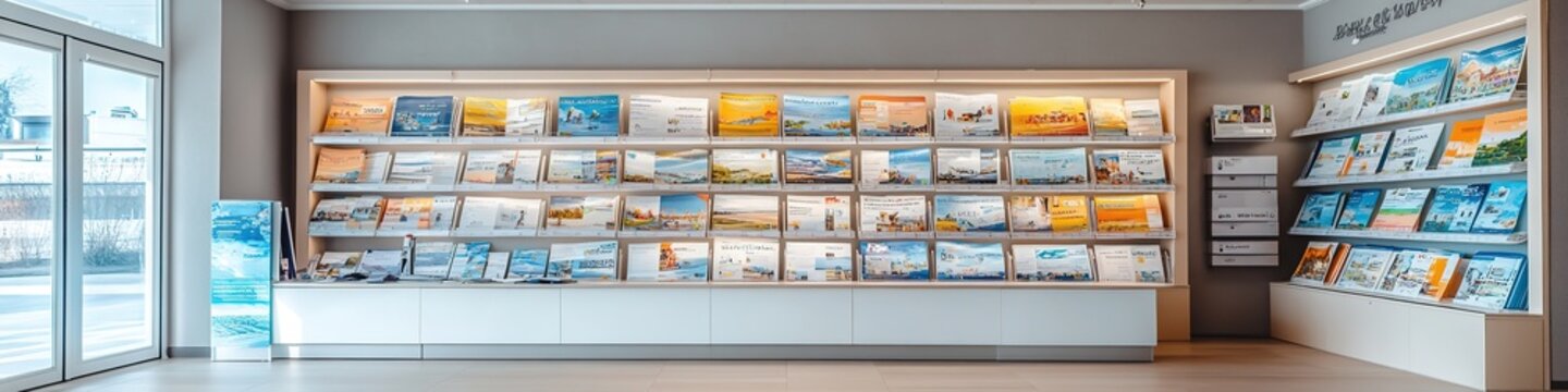 Modern travel agency interior with brochure display racks.