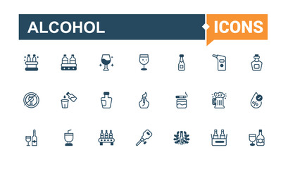 Alcohol thin line icon set. Related to isolated, bar, glass, water, collection, lime, brandy, drink. Modern thin icons. Editable vector stroke.