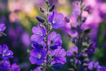 A stalk of purple wildflowers glowing gracefully amidst a vibrant, lush summer field, embodying freedom and growth.