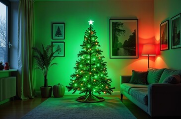 Artificial Christmas tree with green led lights in the living room