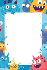 Fototapeta premium An empty photo frame with cute monsters, The background color is white and blue