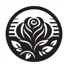 Simple black-and-white graphic silhouette of a rose on a white background Graphic of a rose flower