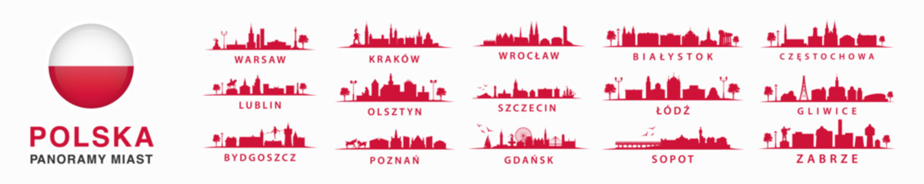 Kolekcja polskich panoram, duże miasta w Polsce, wschodnia europa, Szczecin, Krak&oacute;w, Wrocław, Lublin, Olsztyn, Warszawa, Bydgoszcz, Poznań, Gdańsk
