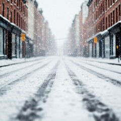 A snow-covered street scene with softly falling snowflakes, creating a serene winter atmosphere in an urban setting.