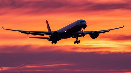   A massive commercial aircraft soars against a backdrop of vibrant hues, with wisps of white cloud above as it approaches the runway